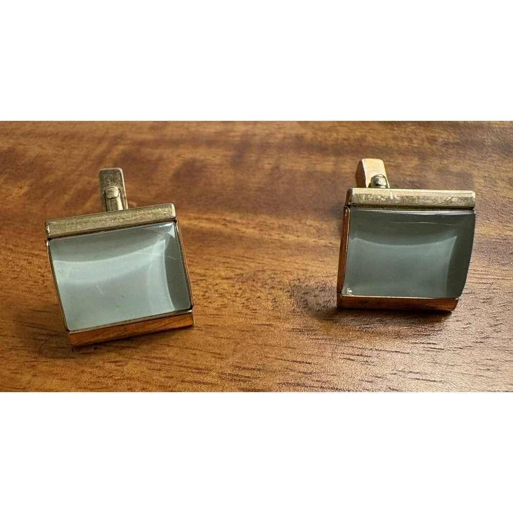 Vintage Swank Gold Tone Pale Green Glass Cabochon Square Cufflinks Mid Century